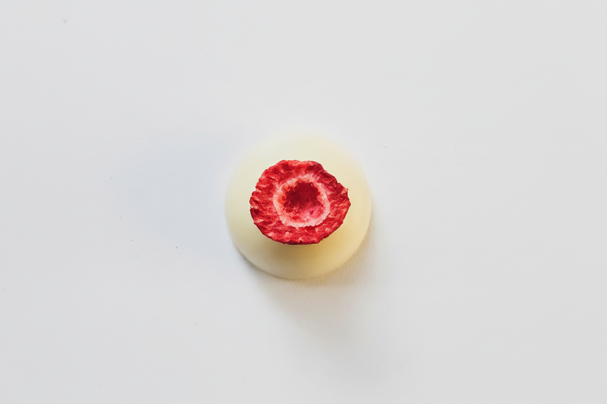 Praline mit weißer Schokolade dekoriert mit Erdbeere 